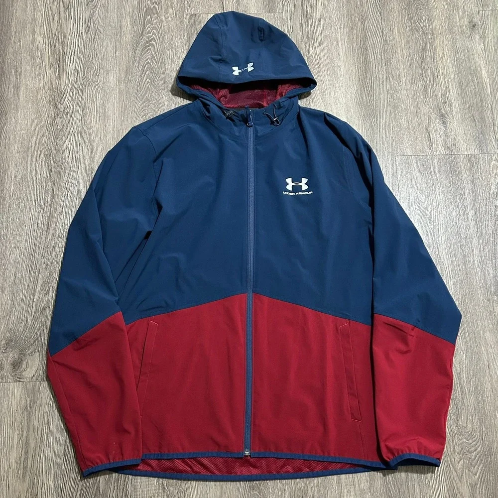 Under Armour Jacket Large Blue Red Storm HeatGear Full Zip Hooded 1299121
